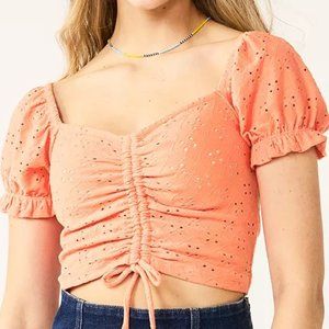 Juniors' SO Cinch Front Puff Sleeve Top Carolina Peach Size Small NWT